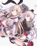  2girls absurdres alternate_eye_color amatsukaze_(kantai_collection) ass blonde_hair breasts crop_top dress elbow_gloves gloves grey_eyes highres kantai_collection miniskirt multiple_girls orange_eyes sa-ya2 sailor_dress shimakaze_(kantai_collection) skirt small_breasts thighs white_gloves white_hair 