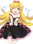  black_dress blonde_hair blush_stickers bow dress fang long_hair monogatari_(series) msmrdaaaaa one_eye_closed oshino_shinobu pink_bow strap_slip v white_background yellow_eyes 