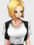  1girl android_18 blonde_hair blue_eyes breasts closed_mouth collarbone dragon_ball dragon_ball_z grey_background jewelry kemachiku large_breasts looking_at_viewer looking_to_the_side necklace shirt short_hair short_sleeves simple_background solo white_shirt 