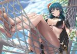  1girl ass bare_legs bikini black_bikini black_choker blue_eyes blue_hair blue_sky breasts breasts_apart byleth_(fire_emblem) byleth_eisner_(female) cape choker clouds cuboon cup day drinking drinking_glass feet fire_emblem fire_emblem:_three_houses fire_emblem_heroes foreshortening fringe_trim hammock holding holding_cup large_breasts long_hair looking_at_viewer outdoors reclining sky solo swimsuit thighs wet 