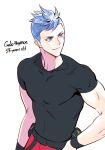  1boy alternate_hair_length alternate_hairstyle bhh4321 black_shirt blue_eyes blue_hair galo_thymos highres looking_to_the_side older promare shirt simple_background skin_tight smile solo white_background 