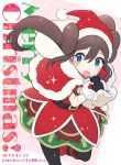  1girl artist_name bangs belt black_belt black_legwear blue_eyes blush brown_hair capelet christmas commentary_request dated double_bun eyelashes fur_trim hair_between_eyes hat holding holding_sack kokoroko leg_up long_hair looking_to_the_side mei_(pokemon) merry_christmas open_mouth pantyhose pokemon pokemon_(game) pokemon_bw2 red_capelet red_headwear sack santa_costume santa_hat solo twintails 