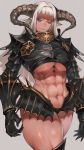  1girl abs armor bangs breasts closed_mouth densen_(itoguchi) gauntlets grey_background highres horns huge_breasts long_hair muscle muscular_female navel original pauldrons pink_eyes pointy_ears shoulder_armor simple_background solo spiked_armor spikes thick_eyebrows thick_thighs thighs tsurime under_boob vambraces white_hair 