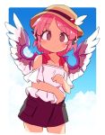  1girl animal_ears black_skirt blue_background blush border brown_headwear bucket_hat casual clouds commentary_request contemporary cowboy_shot cropped_legs day feathered_wings hat ini_(inunabe00) looking_at_viewer mystia_lorelei off-shoulder_shirt off_shoulder outdoors pink_hair shirt short_hair skirt solo touhou white_border white_shirt winged_hat wings 