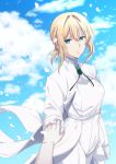  1girl blonde_hair blue_eyes blue_sky brooch clouds flower gloves gogatsu_fukuin hair_flower hair_ornament highres holding_hands jacket jewelry long_sleeves looking_at_viewer pants pov pov_hands sky smile solo_focus violet_evergarden violet_evergarden_(character) white_gloves white_jacket white_pants 