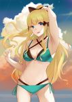  1girl bangs bigappletart bikini black_bow blonde_hair blue_eyes blush bow breasts elf eyebrows_visible_through_hair hair_bow hair_ornament highres long_hair looking_at_viewer open_mouth pointy_ears ponytail princess_connect! princess_connect!_re:dive saren_(princess_connect!) solo swimsuit 