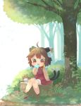  1girl :3 :p ahoge animal_ear_fluff animal_ears bare_arms blurry blurry_background brown_hair cat cat_ears cat_tail chen chibi commentary_request dripping earrings food grass highres holding holding_food ibaraki_natou jewelry licking looking_at_viewer multiple_tails mushroom no_lineart popsicle red_eyes red_footwear red_skirt red_vest shoes shoes_removed short_hair signature single_shoe sitting skirt solo tail tongue tongue_out touhou tree tree_stump under_tree vest 
