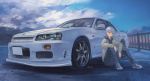  androgynous blue_eyes car ground_vehicle highres looking_to_the_side momo_hiki motor_vehicle nissan nissan_silvia original personification short_hair solo vehicle_focus white_hair 