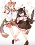  2girls animal_ear_fluff animal_ears ankle_boots arms_up bangs black_hair black_neckwear boots bracelet brown_footwear brown_hair brown_shorts brown_skirt cat_ears cat_tail claw_pose commentary_request contrapposto fangs fingernails gradient_hair green_eyes green_nails gunjou_row hair_ribbon highres jewelry long_hair loose_necktie multicolored_hair multiple_girls nail_polish necktie nyan original outstretched_arm paw_print petticoat redhead ribbon sandals sharp_fingernails shirt shorts simple_background skirt slit_pupils standing swept_bangs tail tail_ribbon very_long_hair white_background white_hair white_shirt yellow_eyes yellow_nails 