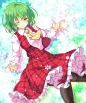  1girl aka_tawashi ascot black_legwear commentary_request dutch_angle eyebrows_visible_through_hair feet_out_of_frame floral_background flower green_hair highres kazami_yuuka long_sleeves looking_at_viewer multicolored multicolored_background one_eye_closed pantyhose petticoat plaid plaid_skirt plaid_vest red_eyes red_skirt red_vest skirt solo touhou vest yellow_neckwear 