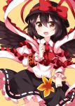  1girl :d ascot bangs black_hair black_headwear black_skirt black_wings bow cosplay eyebrows_visible_through_hair fan frilled_skirt frills hair_between_eyes hat hat_bow hat_ribbon highres juliet_sleeves long_sleeves looking_at_viewer nagae_iku nagae_iku_(cosplay) open_mouth orange_eyes puffy_sleeves red_bow red_neckwear red_ribbon ribbon ruu_(tksymkw) shameimaru_aya shawl short_hair simple_background skirt smile solo touhou wings yellow_background 