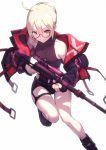  1girl absurdres ahoge artoria_pendragon_(all) bangs black_jacket blonde_hair boots braid breasts fate/grand_order fate_(series) french_braid glasses gun hair_bun highres jacket long_hair looking_at_viewer mysterious_heroine_x_(alter) nakanishi_tatsuya off_shoulder open_clothes open_jacket rifle semi-rimless_eyewear simple_background smile sniper_rifle under-rim_eyewear weapon white_background yellow_eyes 