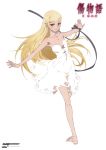  1girl absurdres barefoot blonde_hair copyright dress flat_chest full_body highres logo long_hair monogatari_(series) not_for_sale official_art oshino_shinobu outstretched_arms pointy_ears ribbon scarf simple_background smile solo spread_arms strap_slip white_background white_dress wrist_ribbon yellow_eyes 