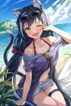  1girl animal_ear_fluff animal_ears bangs bare_shoulders beach bikini black_bikini black_hair blue_sky blush breasts cat_ears cat_girl cat_tail collarbone eyewear_on_head green_eyes highres jacket karyl_(princess_connect!) light_rays long_hair long_sleeves looking_at_viewer low_twintails multicolored_hair navel one_eye_closed open_mouth princess_connect! princess_connect!_re:dive pruding purple_jacket shore shorts sitting sky streaked_hair sunlight swimsuit tail thighs twintails white_hair white_shorts 