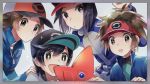  +_+ 4boys :d :o artist_name bangs baseball_cap blue_jacket border brown_hair calme_(pokemon) commentary_request gen_4_pokemon grey_background hand_on_another&#039;s_shoulder hand_up happy hat holding jacket kokoroko kyouhei_(pokemon) male_focus multiple_boys open_mouth poke_ball_print pokemon pokemon_(game) pokemon_bw pokemon_bw2 pokemon_sm pokemon_xy rotom rotom_dex smile touya_(pokemon) you_(pokemon) 