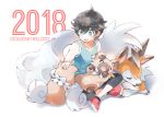  1boy aqua_tank_top artist_name bangs black_hair collarbone commentary_request crossed_legs dated gen_7_pokemon green_eyes kokoroko lycanroc lycanroc_(dusk) open_mouth petting pokemon pokemon_(creature) pokemon_(game) pokemon_usum red_footwear rockruff shiny shiny_hair shoes sitting sleeping tank_top tongue white_background you_(pokemon) 