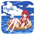  1girl ahoge asou_(asabu202) bikini bikini_top bird blue_eyes border breasts bubble_tea bubble_tea_challenge character_name clouds cloudy_sky cup day disposable_cup drinking drinking_straw drinking_straw_in_mouth eyebrows_visible_through_hair go-toubun_no_hanayome hair_ornament highres innertube large_breasts long_hair looking_at_viewer nakano_itsuki object_on_breast ocean redhead seagull sky solo star_(symbol) star_hair_ornament swimsuit white_border 