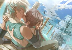  1boy 1girl aqua_dress aqua_headband arm_warmers bird brown_hair closed_eyes day dress dutch_angle earrings hand_on_another&#039;s_head hetero hug jewelry kielaliu kiss koi_ni_ochita_kaizokuou nero_(koi_ni_ochita_kaizokuou) outdoors pants pier seagull ship watercraft 