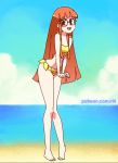  &gt;_&lt; 1girl animated artist_name bikini brown_eyes brown_hair glasses knees_together_feet_apart long_hair looking_at_viewer ocean open_mouth patreon_username persona persona_5 rtil sakura_futaba solo standing swimsuit water yellow_bikini 