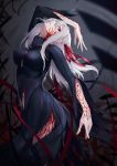  1girl absurdres bangs black_dress breasts dark_sakura dress fate/stay_night fate_(series) hair_ribbon highres long_hair looking_at_viewer marumoru matou_sakura red_eyes red_ribbon ribbon tattoo white_hair 