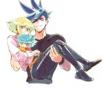  3boys aqua_eyes bangs bhh4321 blue_eyes blue_hair carrying copyright_name eyebrows_visible_through_hair family galo_thymos green_hair if_they_mated lio_fotia looking_at_viewer male_focus multiple_boys one_eye_closed princess_carry promare shoes simple_background sneakers violet_eyes white_background 