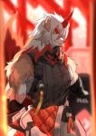  1boy absurdres animal_ears arknights bangs bellsaltr brown_hair chest chinese_clothes furry highres horns hung_(arknights) male_focus multicolored_hair muscle orange_eyes orange_hair single_horn smile streaked_hair tiger_ears toned toned_male upper_body 