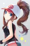  1girl artist_name bag baseball_cap black_vest blue_eyes blush bracelet brown_hair closed_mouth commentary_request eyelashes grey_background hat high_ponytail jewelry kokoroko looking_back poke_ball_print pokemon pokemon_(game) pokemon_bw shirt shoulder_bag sidelocks solo star_(symbol) touko_(pokemon) two-tone_headwear vest white_shirt 