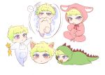  1boy animal_costume animal_ears baby bhh4321 blush bunny_costume cat_ears cosplay costume dinosaur_costume dinosaur_tail doll eyebrows_visible_through_hair green_hair kigurumi lio_fotia navel nude onesie pacifier promare simple_background solo tail violet_eyes white_background younger 