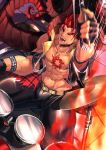  1boy abs alternate_costume bara bellsaltr chest chest_tattoo collarbone drumming horns ifrit_(tokyo_houkago_summoners) looking_at_viewer male_focus muscle nipples pectorals pointy_ears red_eyes redhead shirtless solo spiky_hair tattoo thick_thighs thighs tokyo_houkago_summoners upper_body 