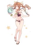  1girl ball bare_legs barefoot beachball bikini breasts brown_hair closed_mouth collarbone full_body green_scrunchie hair_between_eyes hair_ribbon highres holding holding_ball holding_beachball kagerou_(kantai_collection) kantai_collection long_hair multicolored multicolored_bikini multicolored_clothes navel remodel_(kantai_collection) ribbon sandals scrunchie shakemi_(sake_mgmgmg) small_breasts smile solo swimsuit toes twintails violet_eyes white_ribbon wrist_scrunchie 
