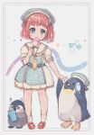  1girl absurdres baby_penguin bird blue_bow blue_eyes blush bow child dot_nose dress emperor_penguin female_child food food_in_mouth full_body hacosumi hair_bow hair_ornament hat highres holding holding_popsicle ice_cream light_blush looking_at_viewer mary_janes necktie original outline penguin popsicle popsicle_in_mouth red_footwear redhead ribbed_socks sailor_hat school_uniform serafuku shoes short_hair short_sleeves socks solid_oval_eyes sparkle sparkling_eyes standing white_background white_outline white_socks yellow_necktie 