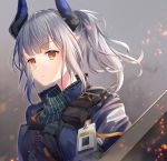  1girl arknights black_shirt closed_mouth dragon_horns expressionless grey_background grey_hair highres horns id_card ion_(on01e) jacket liskarm_(arknights) long_hair looking_at_viewer open_clothes open_jacket orange_eyes ponytail pouch shirt solo strap upper_body 