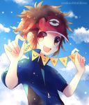  1boy :d artist_name blue_jacket blush brown_hair clouds commentary_request day hands_up holding jacket kokoroko kyouhei_(pokemon) open_mouth orange_eyes outdoors pokemon pokemon_(game) pokemon_bw2 red_headwear short_sleeves sky smile solo upper_body visor_cap 