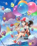  1girl alternate_color aqua_shorts artist_name ayumi_(pokemon) balloon baseball_cap blush brown_hair clouds day drifblim drifloon eevee eyelashes flying gen_1_pokemon gen_4_pokemon hat holding kokoroko open_mouth outdoors pokemon pokemon_(creature) pokemon_(game) pokemon_lgpe shiny_pokemon shirt shoes short_sleeves shorts sitting sky sparkle water 