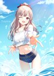  1girl bangs bare_legs bare_shoulders bikini black_bikini blue_sky blunt_bangs blush bow bracelet breasts clouds collarbone deadnooodles grey_hair hair_bow high_ponytail highres idolmaster idolmaster_shiny_colors jewelry long_hair navel ocean off-shoulder_shirt off_shoulder one_eye_closed open_mouth outdoors outstretched_hand plaid_bikini_bottom red_bow see-through see-through_sleeves shirt short_sleeves sky small_breasts smile solo splashing strapless strapless_bikini sunlight swimsuit violet_eyes water yuukoku_kiriko 