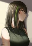  1girl artist_name blush brown_eyes brown_hair eyebrows_visible_through_hair girls_frontline green_shirt hair_between_eyes highres long_hair looking_at_viewer m4a1_(girls_frontline) multicolored_hair selcky shirt simple_background solo 