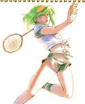  1boy bangs bhh4321 dolphin_shorts eyebrows_visible_through_hair front-tie_top green_hair green_legwear highres lio_fotia male_focus promare racket shirt short_shorts shorts simple_background socks solo tennis_racket tied_shirt violet_eyes white_background 