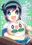  1boy :d bangs black_hair blue_eyes bracelet character_name commentary_request gen_7_pokemon green_headwear happy hat holding holding_pokemon jewelry kokoroko open_mouth petting pokemon pokemon_(creature) pokemon_(game) pokemon_sm rowlet shirt short_sleeves smile tongue you_(pokemon) 