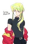  1boy alternate_hair_length alternate_hairstyle bangs belt bhh4321 black_shirt earrings eyebrows_visible_through_hair green_hair highres jacket jewelry lio_fotia long_hair looking_to_the_side older ponytail promare shirt sidelocks simple_background smile solo violet_eyes white_background 