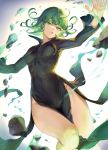  1girl black_dress blush breasts curly_hair dress green_eyes green_hair highres long_hair long_sleeves looking_at_viewer mashuu_(neko_no_oyashiro) one-punch_man open_mouth side_slit tatsumaki 