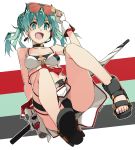  1girl adjusting_eyewear aqua_eyes aqua_hair belt bikini bikini_top breasts choker dated fingerless_gloves full_body gloves goodsmile_racing hatsune_miku headset highres medium_breasts open_mouth racequeen sandals shikei sitting skirt solo swimsuit toes twintails umbrella vocaloid 