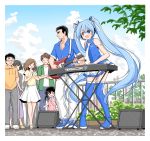  abe_takakazu bare_shoulders blue_eyes blue_legwear blue_shirt child crossover crowd day fence guitar hair_ribbon hatsune_miku headphones headset highres instrument kuso_miso_technique light_blue_hair long_hair miniskirt music necktie open_mouth outdoors pants plant playing_instrument pleated_skirt pocari_sweat ribbon shirt shoes shoulder_tattoo skirt sleeveless sleeveless_shirt smile sneakers speaker tattoo thigh-highs tree tsugumi_(aya-3326) twintails very_long_hair vocaloid white_neckwear white_pants white_skirt yamaha_dx7 