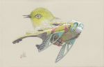  bird calligraphy_brush_(medium) gaimoon highres japanese_white-eye mecha mechanization no_humans original signature simple_background tan_background traditional_media watercolor_(medium) 