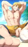  1boy abs absurdres arms_behind_head artofkuroshinki bangs bara blonde_hair bulge chest feet full_body granblue_fantasy green_eyes highres looking_at_viewer male_focus muscle nipples pectorals shirtless shorts smile solo toned toned_male vane_(granblue_fantasy) 