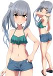  1girl bangs bikini bikini_top black_footwear blue_bikini blunt_bangs blush breasts closed_mouth comala_(komma_la) denim denim_shorts eyebrows_visible_through_hair frilled_bikini frills grey_hair hair_ribbon highres kantai_collection kasumi_(kantai_collection) long_hair multiple_views ponytail ribbon sandals short_shorts shorts side_ponytail simple_background small_breasts standing swimsuit white_background yellow_eyes 