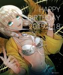  1girl :d bikini bikini_top collarbone commentary_request dangan_ronpa dark_skin dated eyebrows_visible_through_hair frilled_bikini frills ganguro happy_birthday jacket jewelry long_hair long_sleeves looking_at_viewer low_twintails navel navel_piercing necklace new_dangan_ronpa_v3 open_mouth piercing sakuyu silver_hair skirt smile solo swimsuit twintails upper_teeth wristband yellow_jacket yonaga_angie 