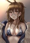  1girl animal_ears bikini bikini_top blush breasts brown_eyes brown_hair collarbone eyebrows_visible_through_hair girls_frontline glasses hair_between_eyes highres jacket jacket_on_shoulders long_hair medium_breasts open_mouth selcky simple_background solo swimsuit type_88_(girls_frontline) 