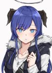  1girl absurdres arknights bangs black_jacket blue_eyes blue_hair blush collarbone commentary_request eyebrows_visible_through_hair fur-trimmed_jacket fur_trim grey_background halo highres horns jacket long_hair looking_at_viewer mango_(mgo) mostima_(arknights) parted_lips shirt simple_background solo upper_body white_shirt 