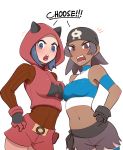  2girls absurdres bandana black_gloves blush breasts commentary dark_skin gloves grey_eyes grey_hair hand_on_hip highres hood hood_up multiple_girls navel open_mouth pokemon pokemon_(game) pokemon_oras pudgeruffian red_shorts short_hair shorts striped team_aqua team_aqua_grunt team_aqua_uniform team_magma team_magma_grunt team_magma_uniform teeth tongue uniform v-shaped_eyebrows white_background 