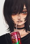  1girl bangs black_eyes black_hair blue_background braces can choker commentary_request drinking_straw freckles grin hair_over_one_eye highres hoshi_san_3 looking_at_viewer medium_hair original simple_background smile solo 